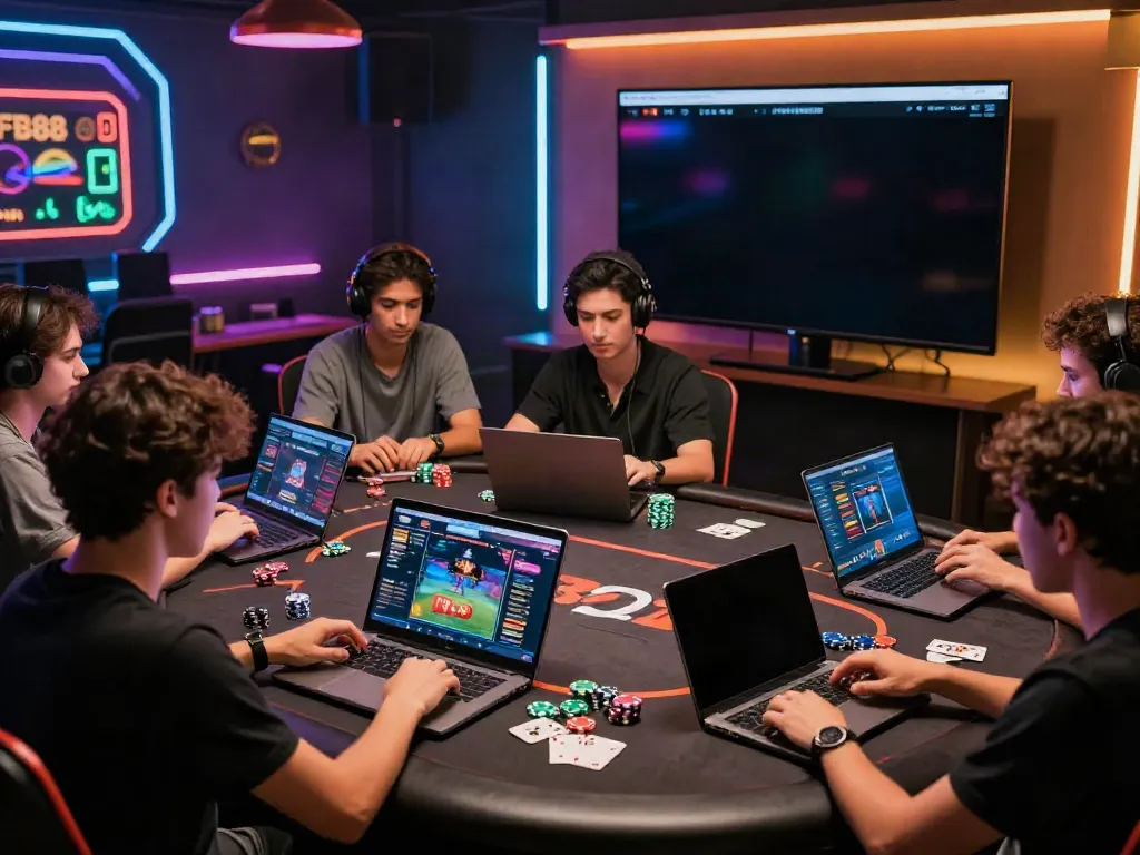 Gamers engaging with the fb88mx.com platform in a lively and colorful gaming environment.