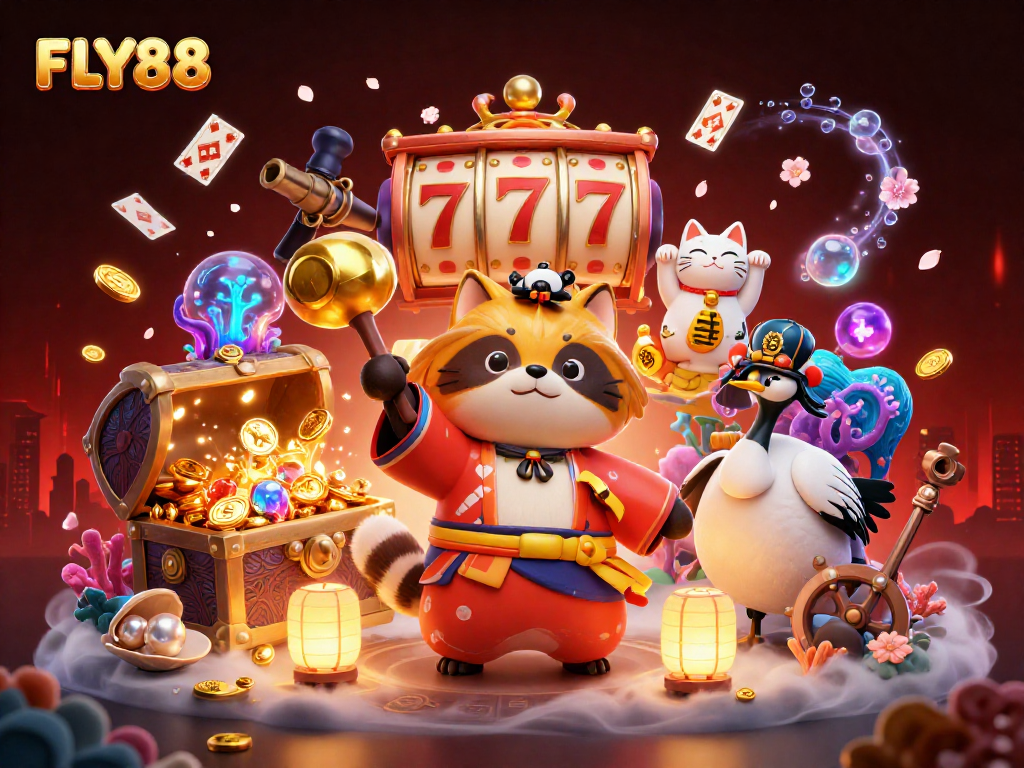 FLY88 brings luck with cheerful tanuki and maneki-neko in a vibrant casino scene.