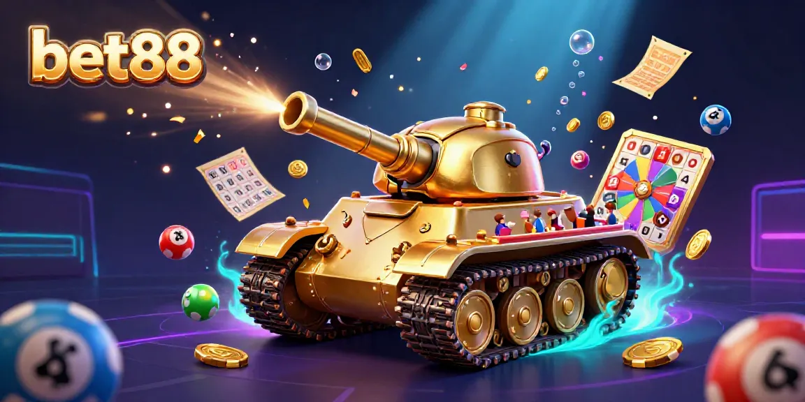 Experience the excitement of bet88 with a vibrant 3D casino tank showcasing lottery elements and games.