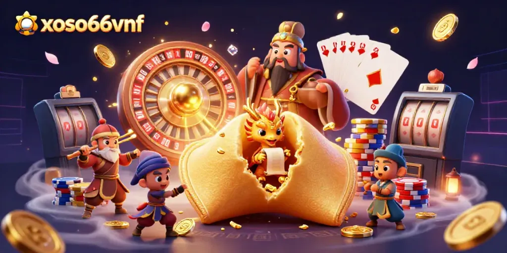 Xoso66vnf showcases a vibrant scene with a golden fortune cookie, wise dragon, cascading coins, and more.