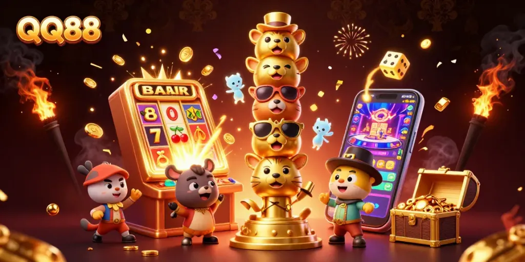 Experience the thrill of QQ88 with vibrant casino elements and dynamic imagery in 3D illustration.