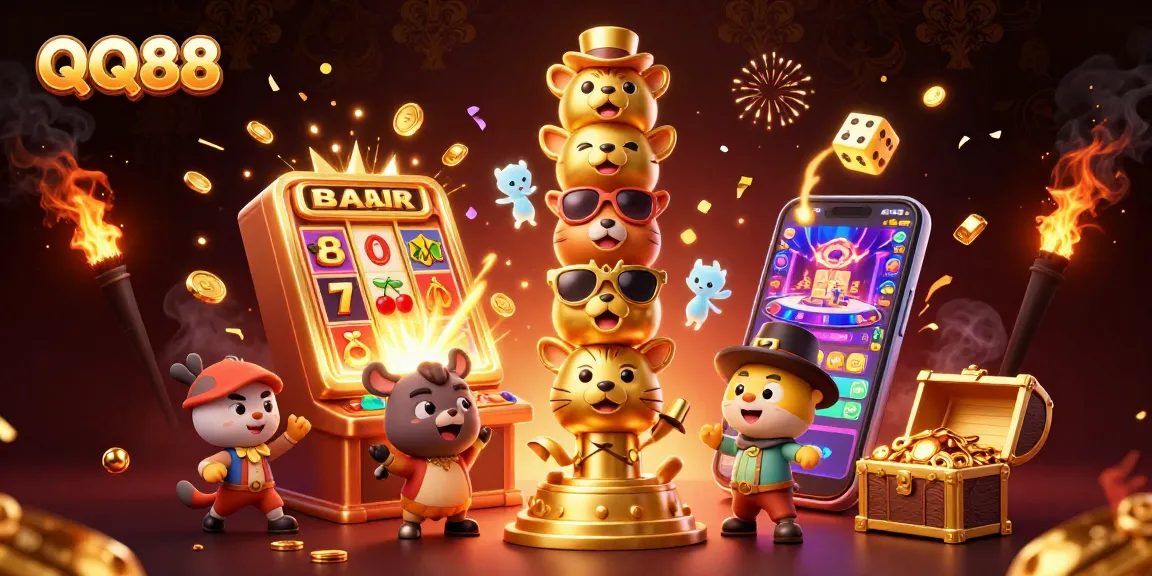 Experience the thrill of QQ88 with vibrant casino elements and dynamic imagery in 3D illustration.