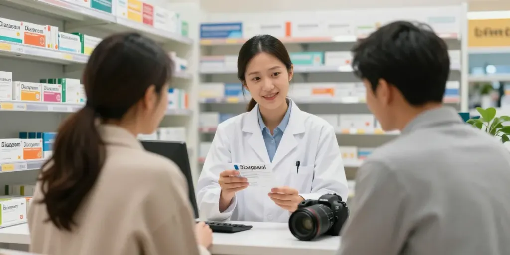 Diazepam Buy consultation scene in pharmacy with pharmacist and patient discussing medication.