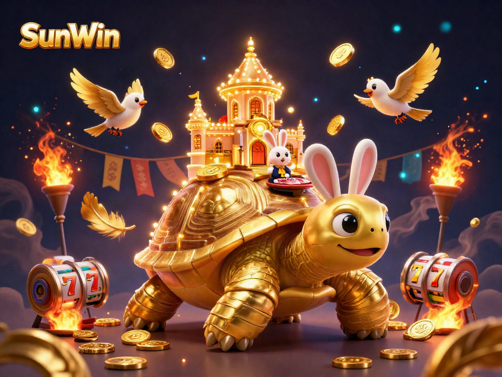 Experience winning moments at SunWin with a dynamic casino illustration showcasing a golden tortoise and exciting game elements.