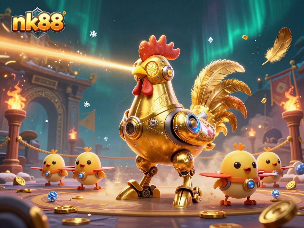 Engage with nk88's dynamic casino universe, featuring a golden rooster robot in a vibrant gaming arena.