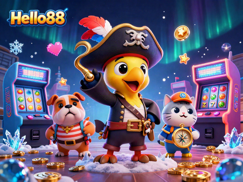 Engage with Hello88's lively gaming scene featuring a pirate captain, bulldog, and cat amidst rich casino elements.