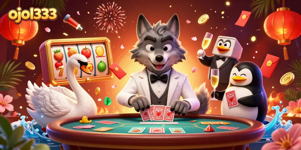 Experience thrilling baccarat with ojol333, showcasing a debonair wolf dealing cards alongside charming characters.