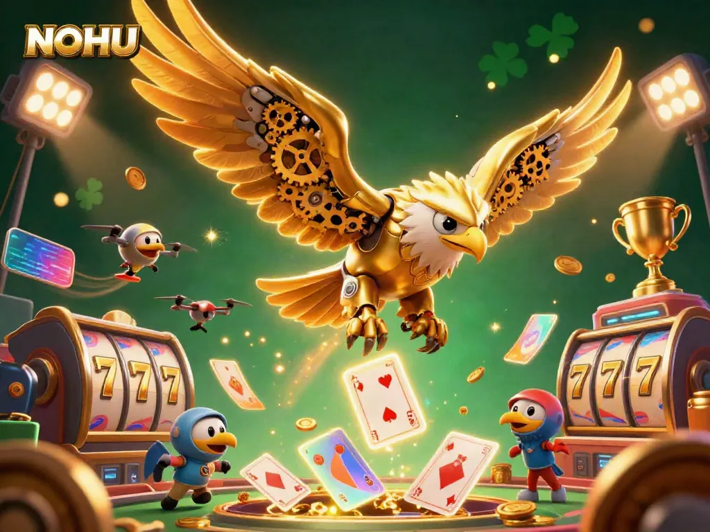 Experience the thrill at NOHU as the golden eagle dives through holographic playing cards in dynamic casino action.