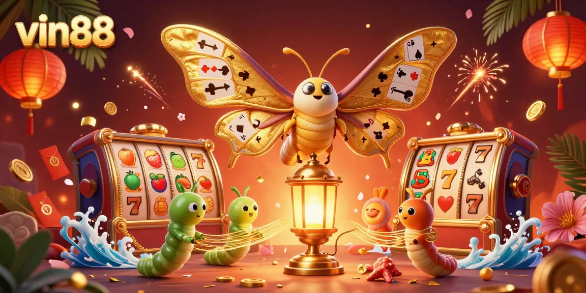 Experience vin88's vibrant casino scene with a majestic moth, lanterns, and slot reels come alive.