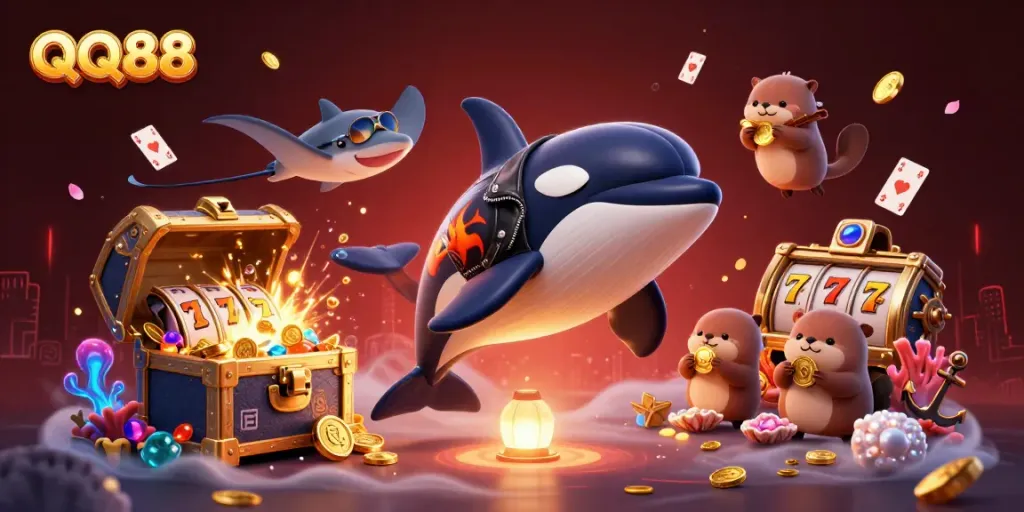 Watch QQ88 come alive with a dynamic scene of winning sea creatures enjoying their casino treasures.