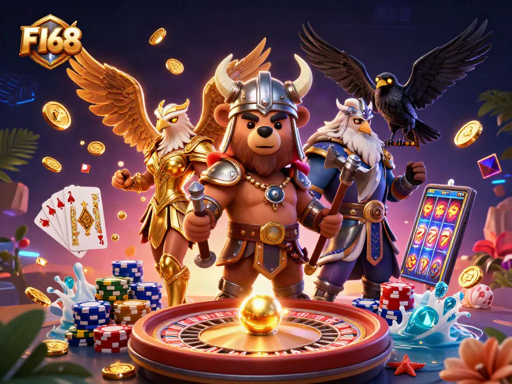 Engage with F168's thrilling casino experience through a dynamic scene of vibrant characters and gambling elements.