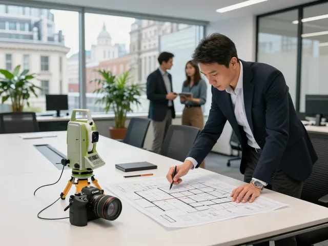 Measured Surveyors London collaborating over detailed floor plans in a professional office space.