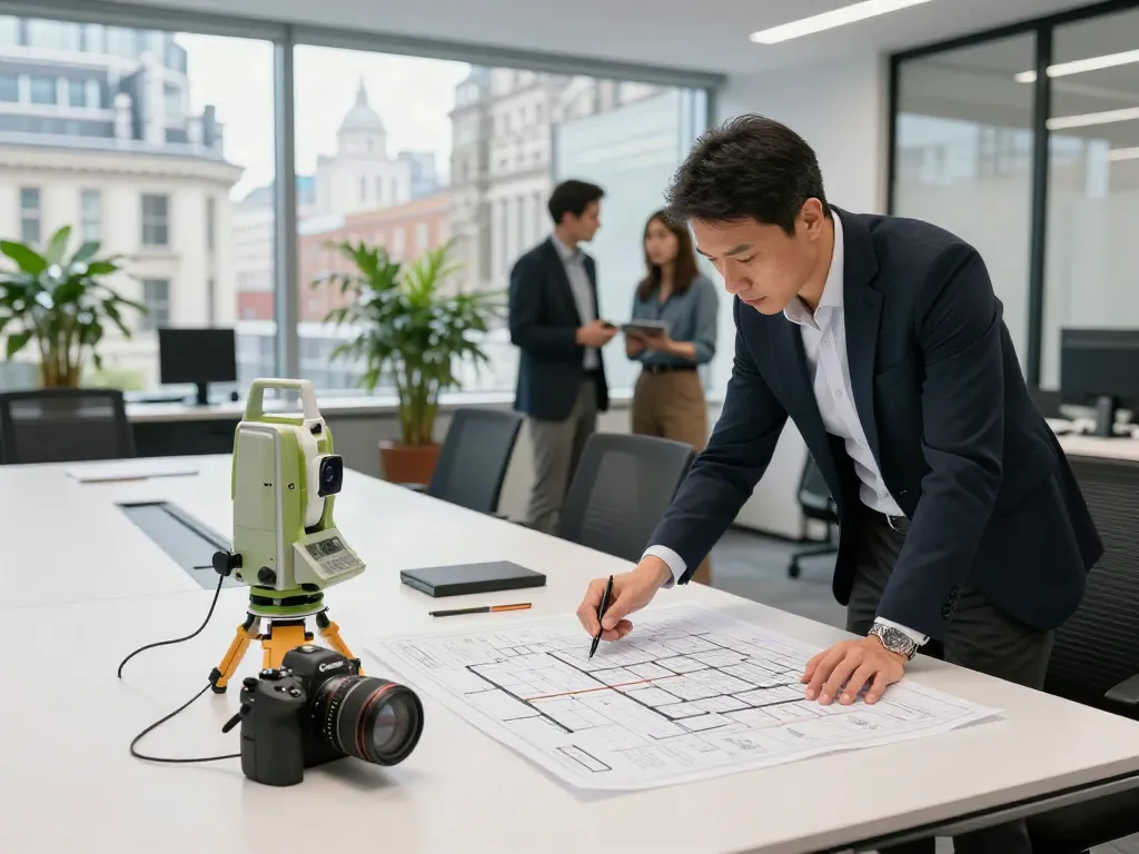 Measured Surveyors London collaborating over detailed floor plans in a professional office space.