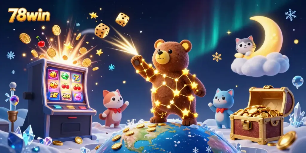 Play exciting casino games with 78win in a vibrant, whimsical 3D illustration filled with treasures.