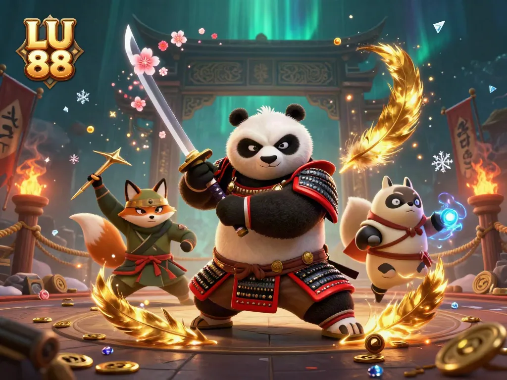 Experience thrilling battles in LU 88 with samurai panda and ninja fox amidst vibrant casino elements.