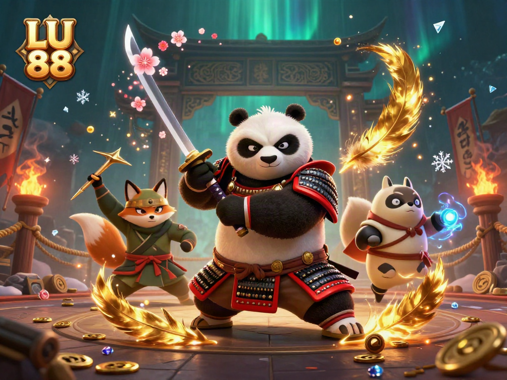 Experience thrilling battles in LU 88 with samurai panda and ninja fox amidst vibrant casino elements.