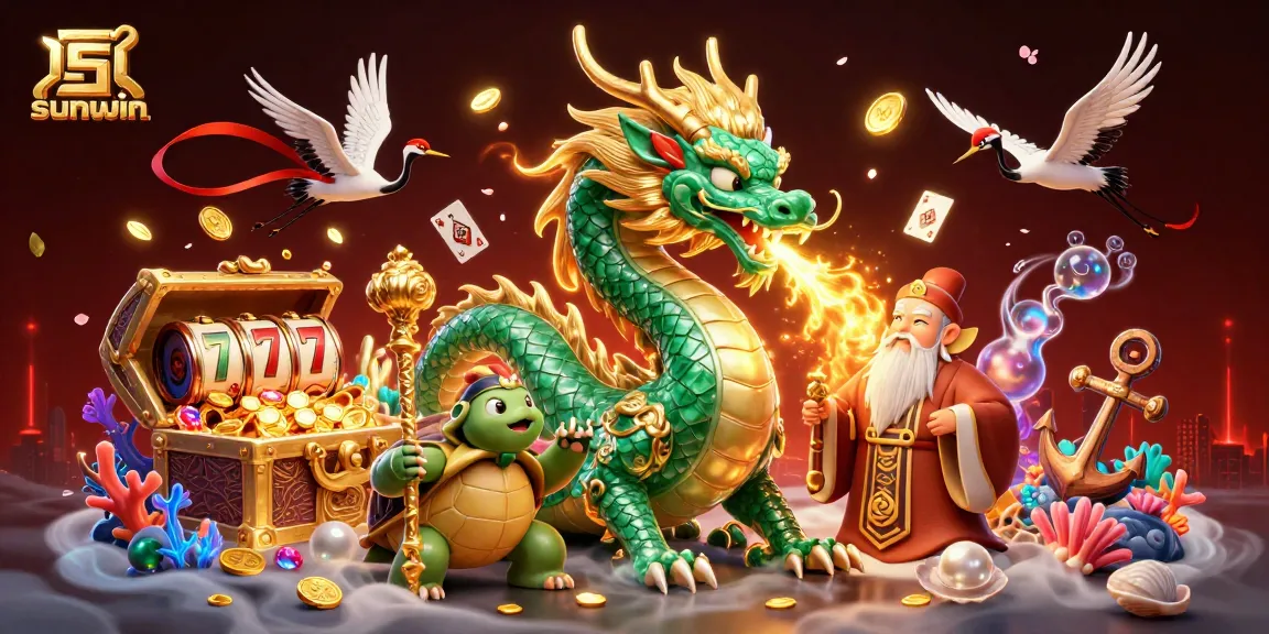 sunwin showcases a glowing emerald dragon with gold coins, captivating casino scene elements.
