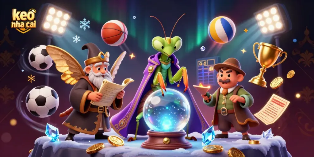 Engage in the excitement of sports betting with keo nha cai showcasing vibrant elements like trophies and sports balls.