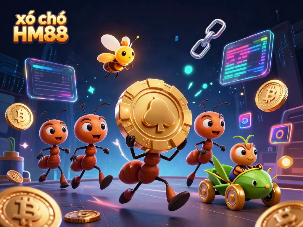 Engage with xổ số HM88 as ants run a heist featuring a golden poker chip in a vibrant, dynamic scene.