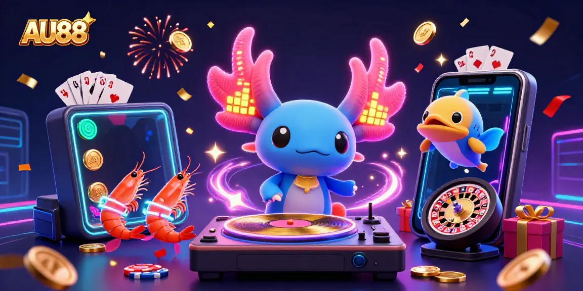 Experience AU88's vibrant gaming scene with a 3D neon axolotl DJ and engaging slot elements.