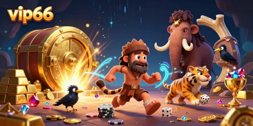 Experience thrilling gameplay at vip66 with our engaging prehistoric casino scene featuring cavemen, tigers, and treasures.