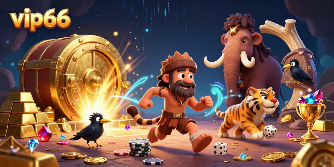 Experience thrilling gameplay at vip66 with our engaging prehistoric casino scene featuring cavemen, tigers, and treasures.