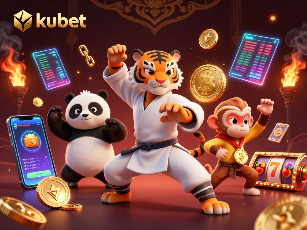 Experience thrilling action with kubet's playful casino illustration featuring vibrant characters and game elements.