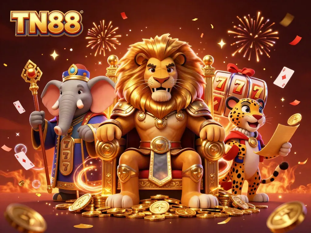 Experience the royal TN88 casino adventure with characters amidst slot reels and celebrating elements.