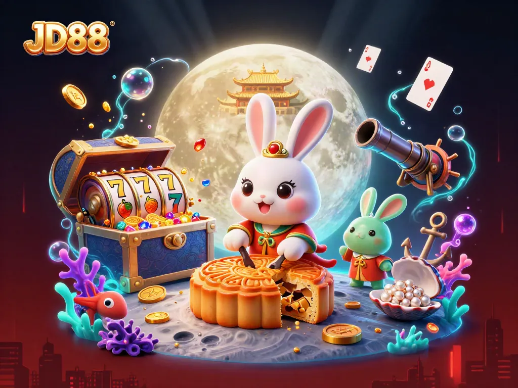 Win big with JD88 by exploring a vibrant 3D casino scene where golden mooncakes reveal poker chips.