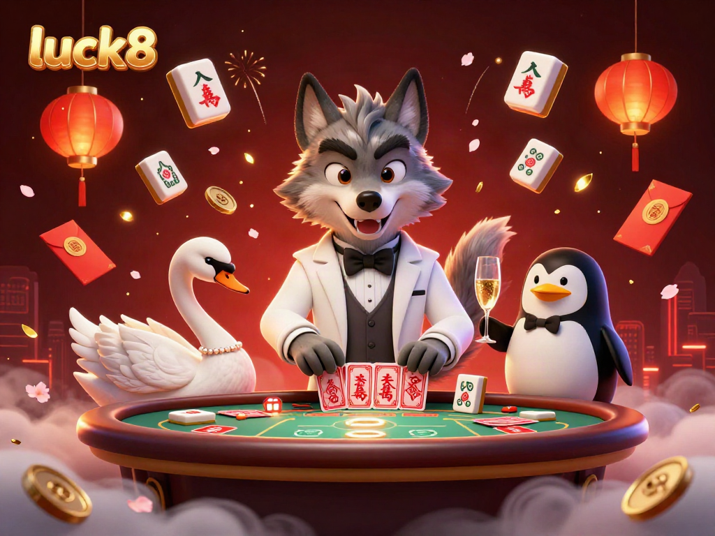 Engage with the exciting atmosphere of luck8 featuring a debonair wolf, elegant swan, and sophisticated penguin in a dynamic casino setting.