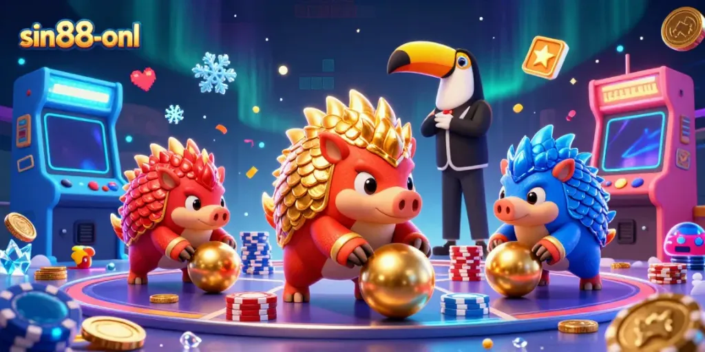 Experience vibrant gameplay at sin88-onl as pangolins bowl through poker chips in a lively casino scene.