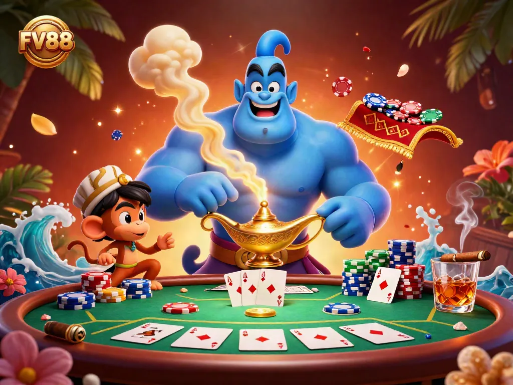 Experience exhilarating gameplay with FV88 as a genie bursts from a lamp, surrounded by colorful poker chips.
