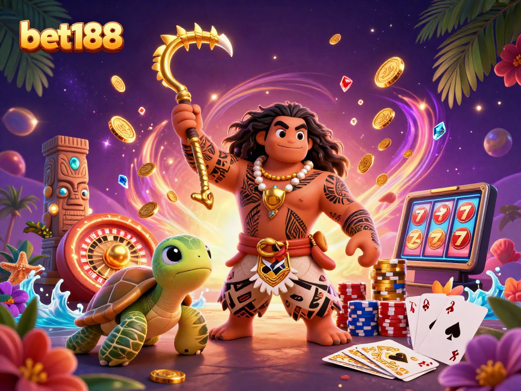 Bettors celebrate their wins at bet188, with a Polynesian demigod and a turtle amid casino elements.