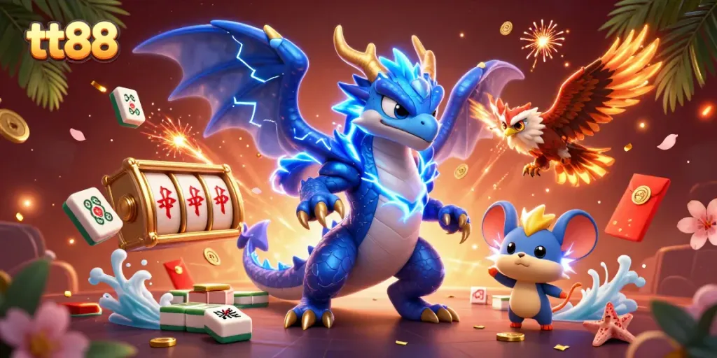 Engage in thrilling gameplay with tt88, showcasing a dynamic 3D casino scene featuring electrifying characters and vibrant game elements.