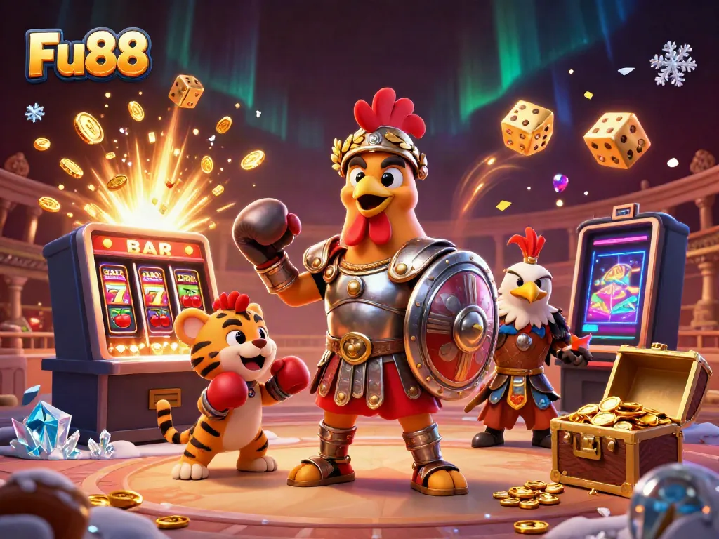 Experience the thrill of Fu88 with dynamic characters and rich casino elements in a vibrant scene.