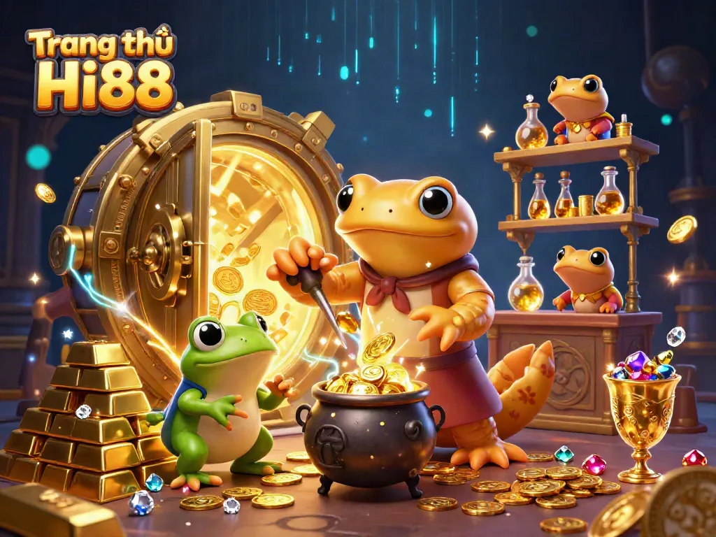 Engage with Trang chủ Hi88 to explore a vibrant scene of mystical gambling with gold coins and treasure elements.