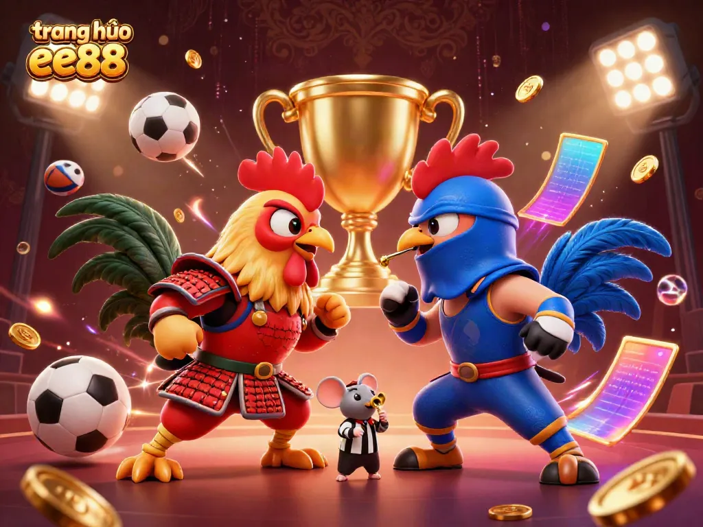 Engage with thrilling action at trang chủ ee88 showcasing a dramatic standoff between cartoon roosters with vibrant casino elements.