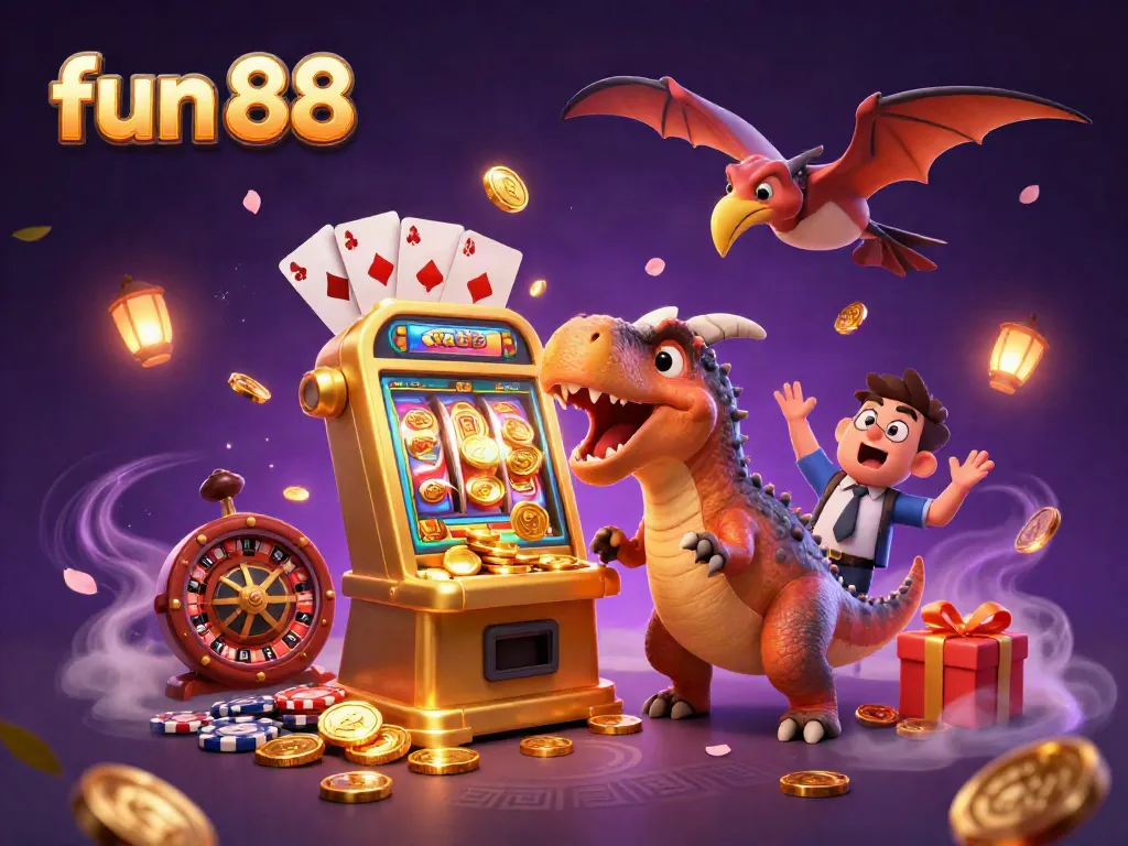 Play fun 88 with a dinosaur-themed jackpot scene, featuring exciting casino elements.