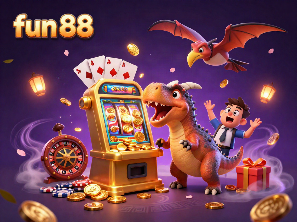 Play fun 88 with a dinosaur-themed jackpot scene, featuring exciting casino elements.
