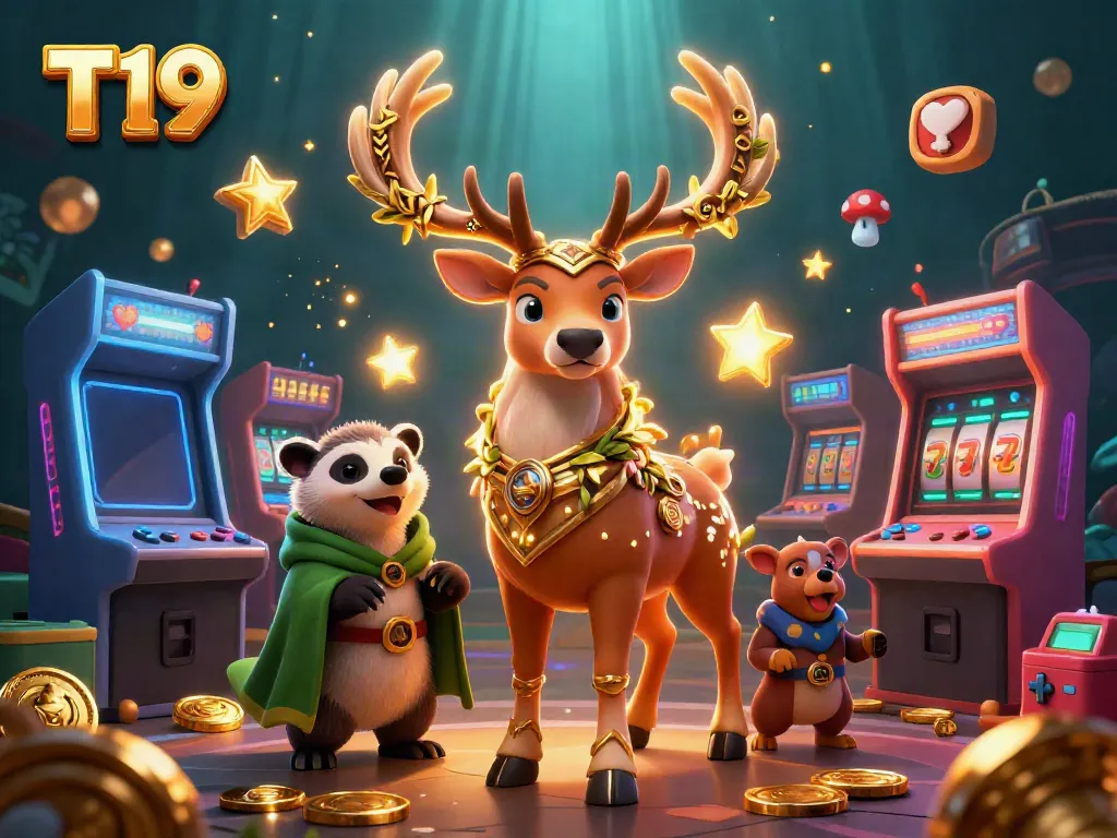 T19 online casino illustration featuring vibrant 3D characters and dynamic gambling game elements.