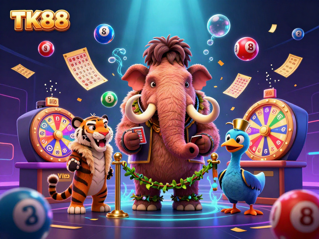 Enhance your gaming experience with TK88's vibrant illustrated casino scene featuring unique characters.