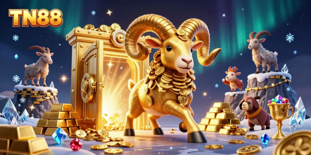 Engage with TN88's vibrant gaming universe, featuring cartoon characters amidst golden treasures and casino elements.