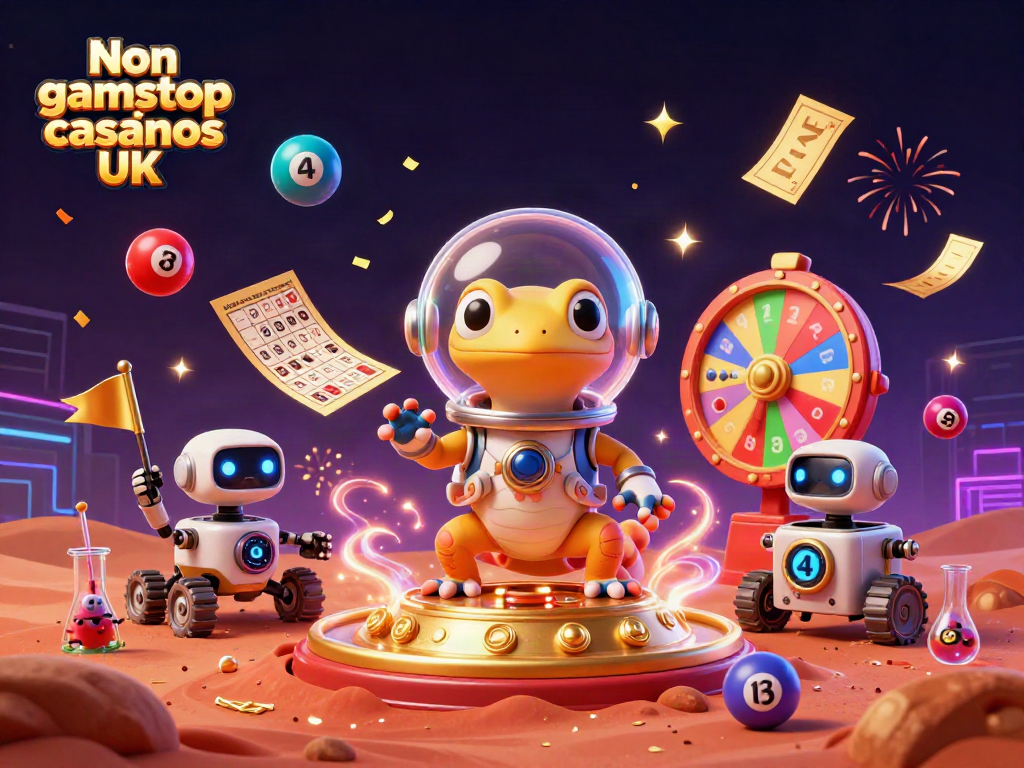 Engaging scene featuring Non gamstop casinos UK with a cartoon Martian gecko in a casino.