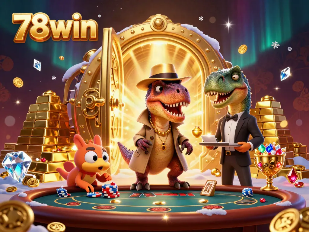 Experience 78win's thrilling casino adventure with a velociraptor card counter amidst piles of treasure.