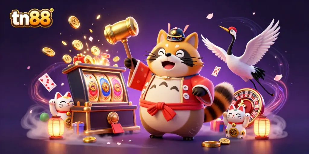 Engage with tn88's vibrant gaming scene featuring a cheerful tanuki and lively casino elements.