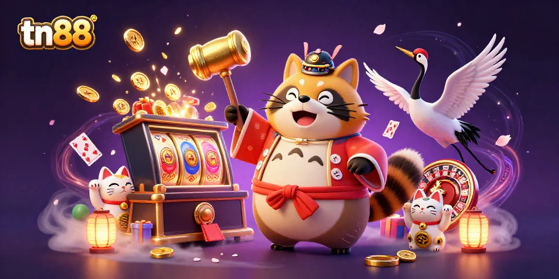 Engage with tn88's vibrant gaming scene featuring a cheerful tanuki and lively casino elements.