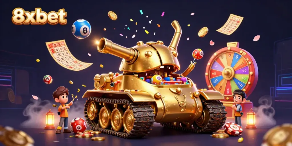 Bet on 8xbet with a vibrant casino scene featuring a golden beetle tank and lottery elements.