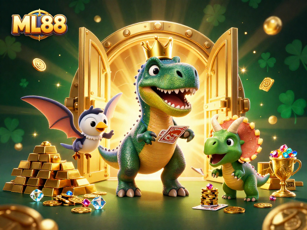 Engage in exciting gameplay at ML88 with vibrant characters and dazzling treasures in this casino illustration.