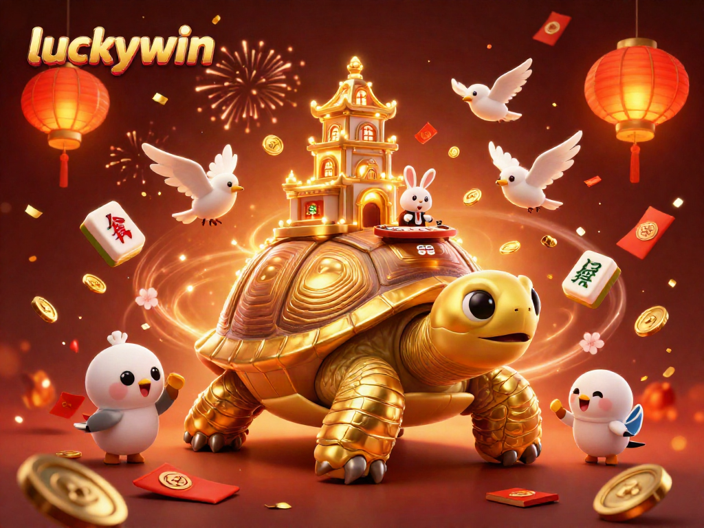Experience the excitement at luckywin, featuring vibrant casino characters and festive elements in a dazzling scene.