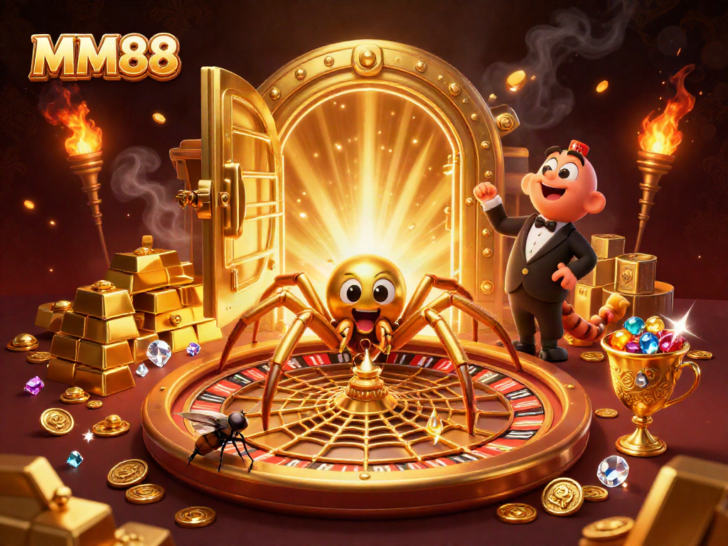Engage in thrilling roulette action with MM88's dynamic casino scene of colorful spiders and croupiers.